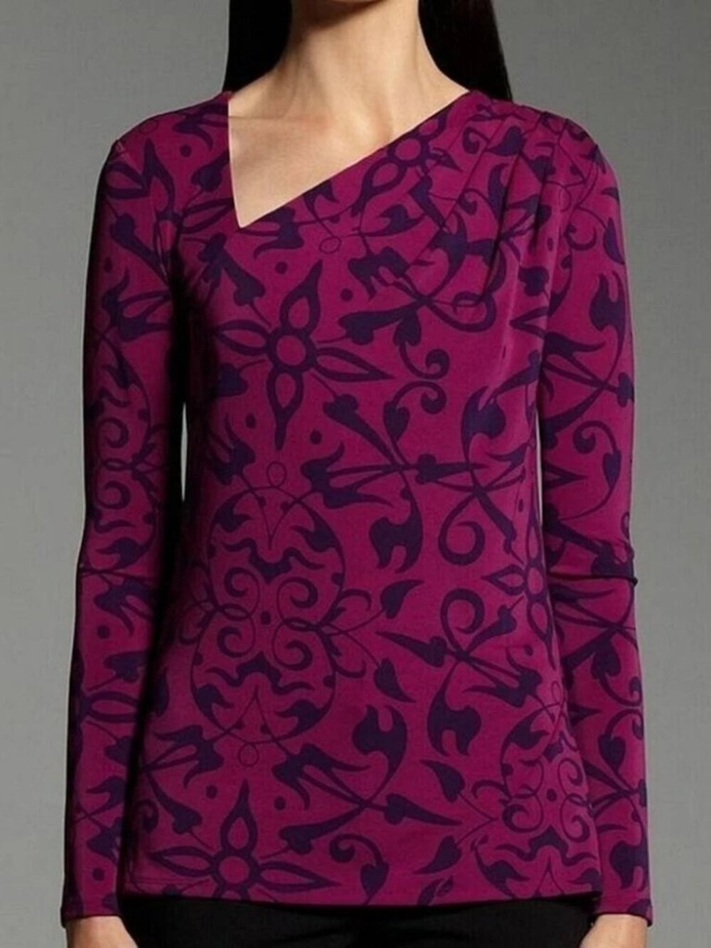Narciso Rodriguez Knit Top Long Sleeve Asymmetric Neckline Size XL Purple Floral